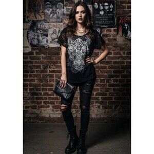 Liberty Wear Wings & Cross Top Womens XL Black Lace Embellished Biker Goth Rock